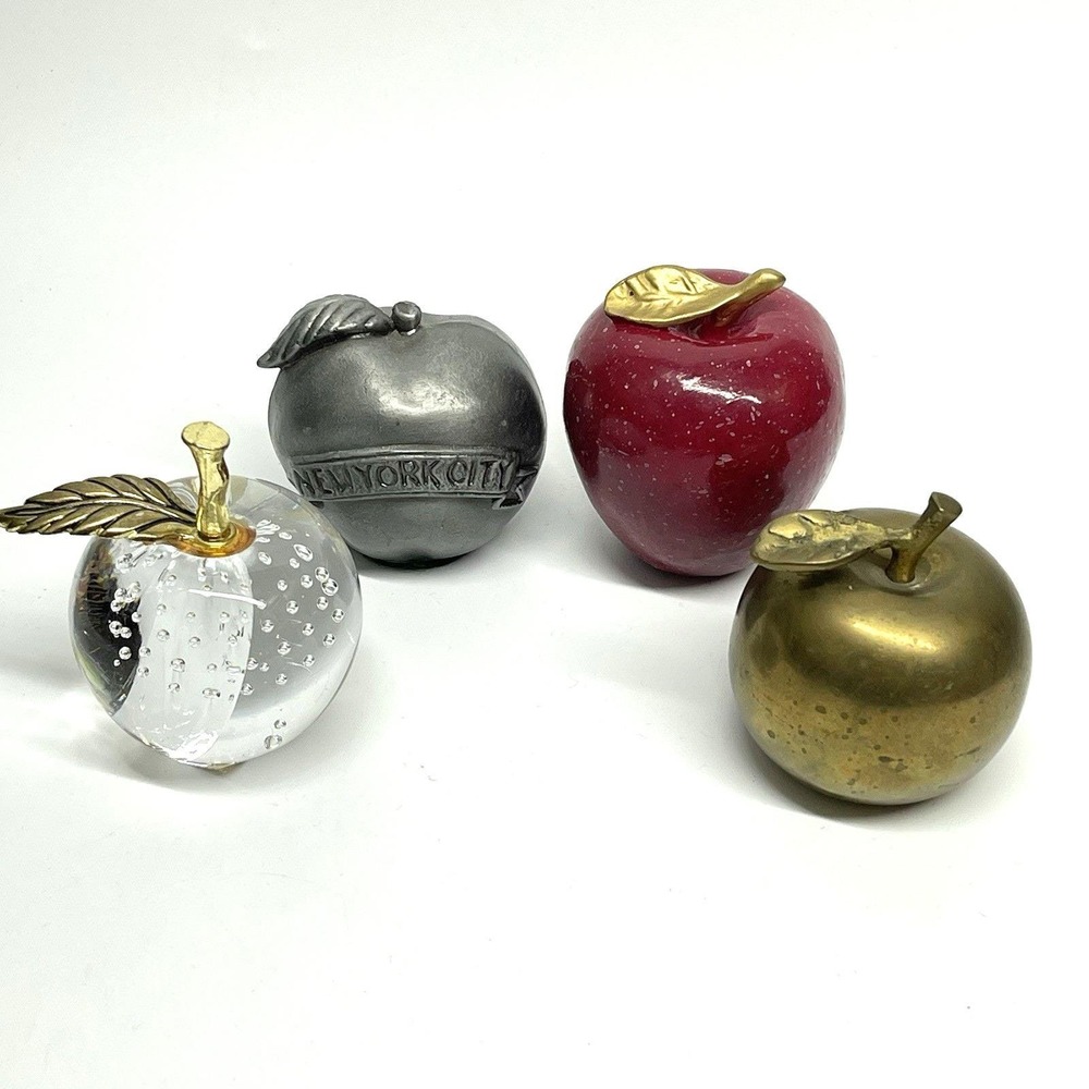 Lot Of 4 Vintage Apple Paperweight Desk Bell Pewter Brass Ceramic Glass‎ 80s 90s